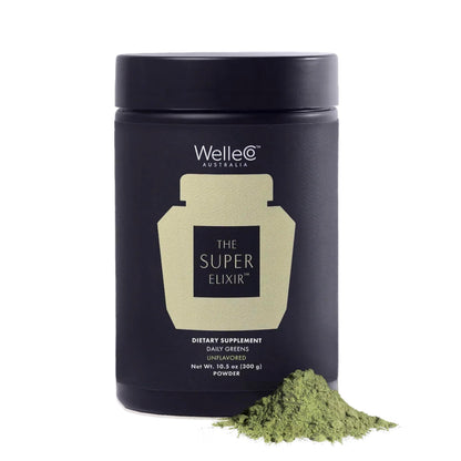 Black container of WelleCo Super Elixir dietary supplement with green powder on a white background