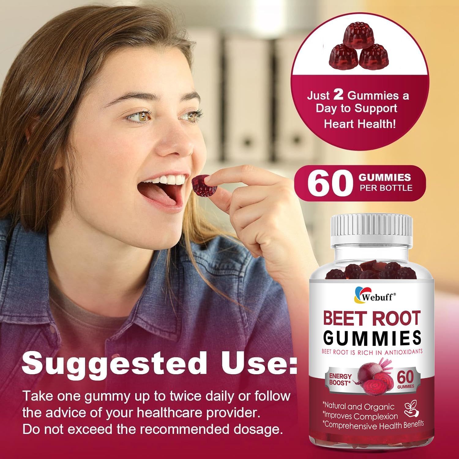 Webuff Beet Root Gummies - Nitric Oxide Booster with Organic Beet, Pomegranate & Grape Seed, Vitamin B12 - Energy, Circulation & Heart Health Support, Vegan, Non-GMO, 60 Count (Pack of 1) Webuff buy supplements Au