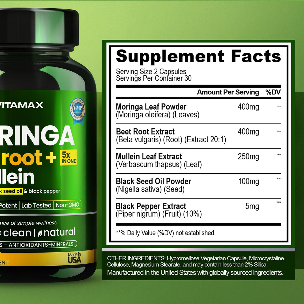 Moringa Capsules, Beet Root, Mullein Leaf - Energy, Skin, Immune Supplement Superfood, Rich in Antioxidants, Minerals & Essential Vitamins - High Absorption Non-GMO - Made in USA - 60ct VitamaxBuy Supplements Australia