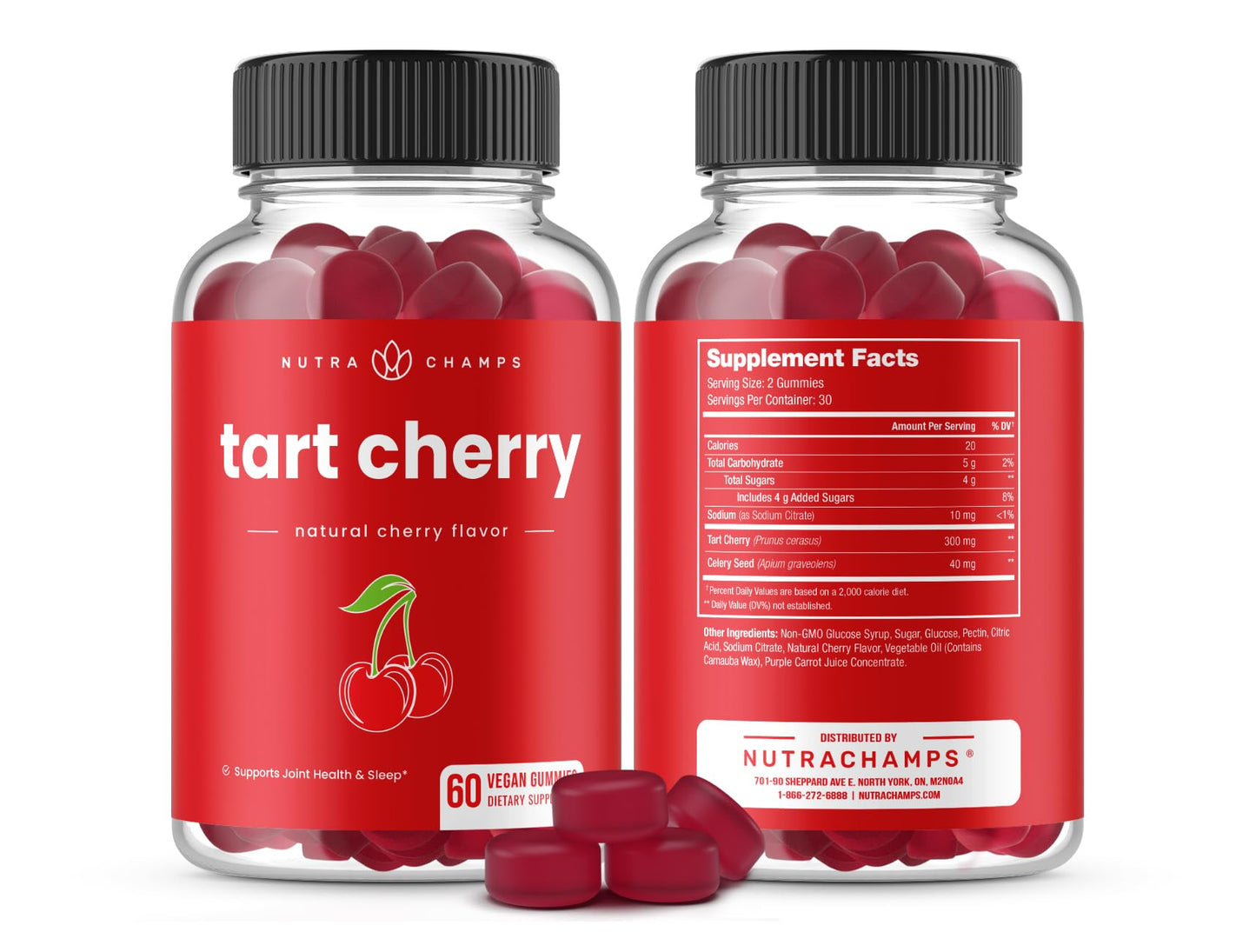 NutraChamps Tart Cherry Gummies - Tart Cherry Extract with Celery Seed - 60 Vegan Gummies (2-Pack)