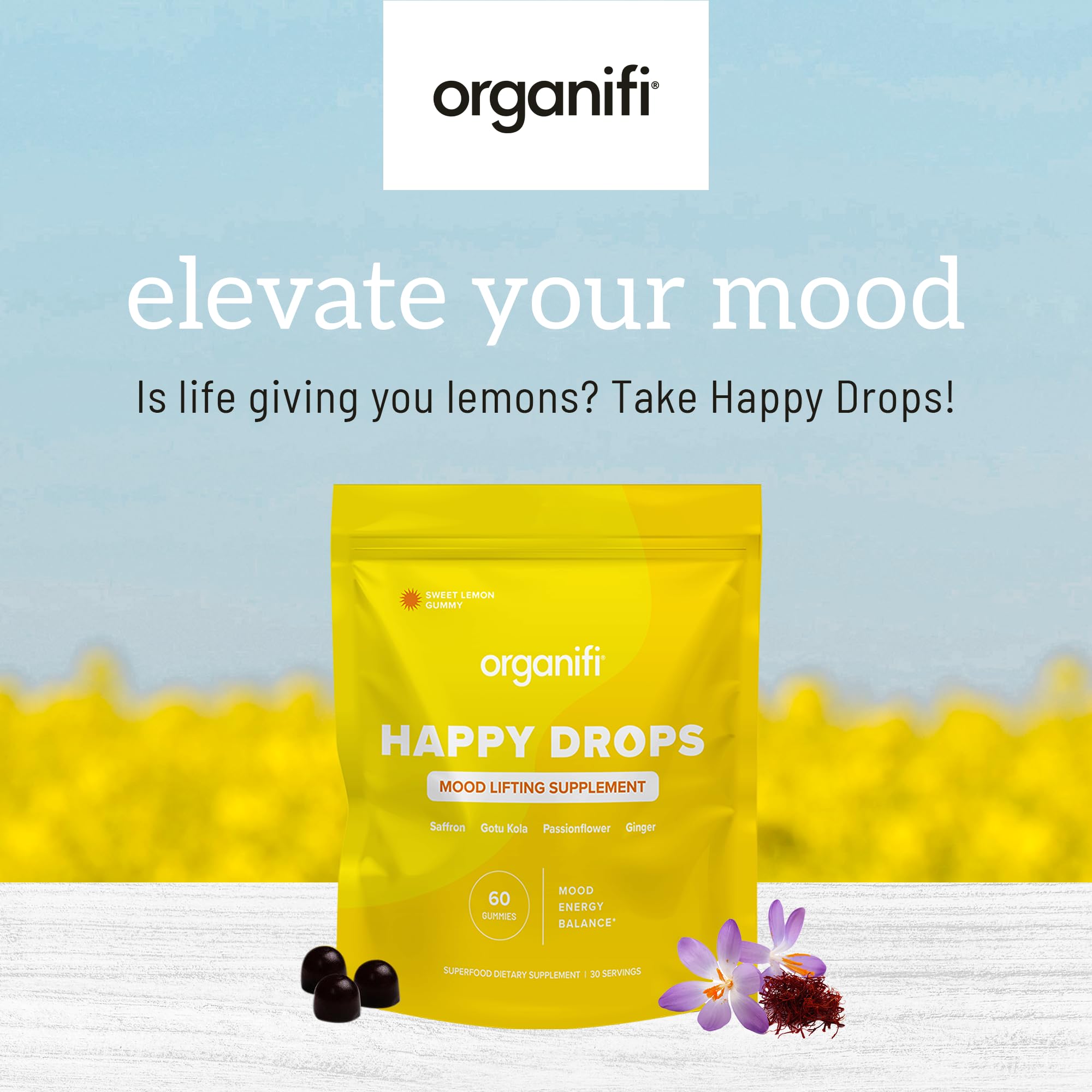 Organifi Happy Drops - Daily Superfood Happy Gummies for Adults - Mood Support Supplement for Balance, Bliss, Energy and Taking the Edge Off - Sweet Lemon Flavor - 60 Gummies OrganifiBuy Supplements Australia