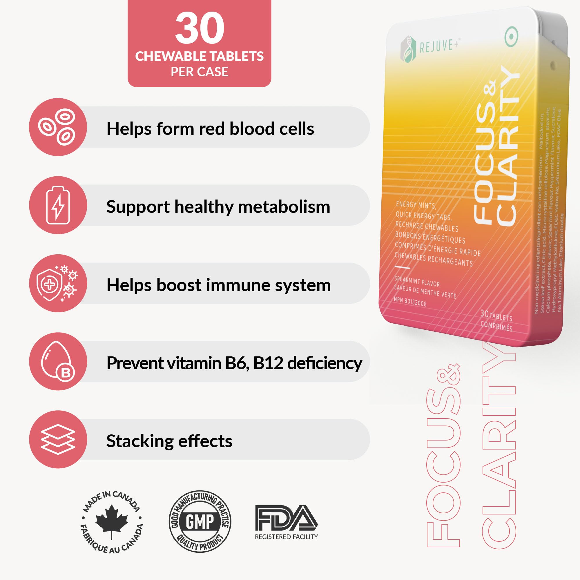 REJUVE+ Focus & Clarity Nootropic Supplement – Brian Boost | L-Theanine, Caffeine, Lion’s Mane, Magnesium, Vitamin B6 & B12 | Brain Support, Memory, Focus & Energy | Mint Flavor (30 Chewables) (1) REJUVE+ buy supplements Au