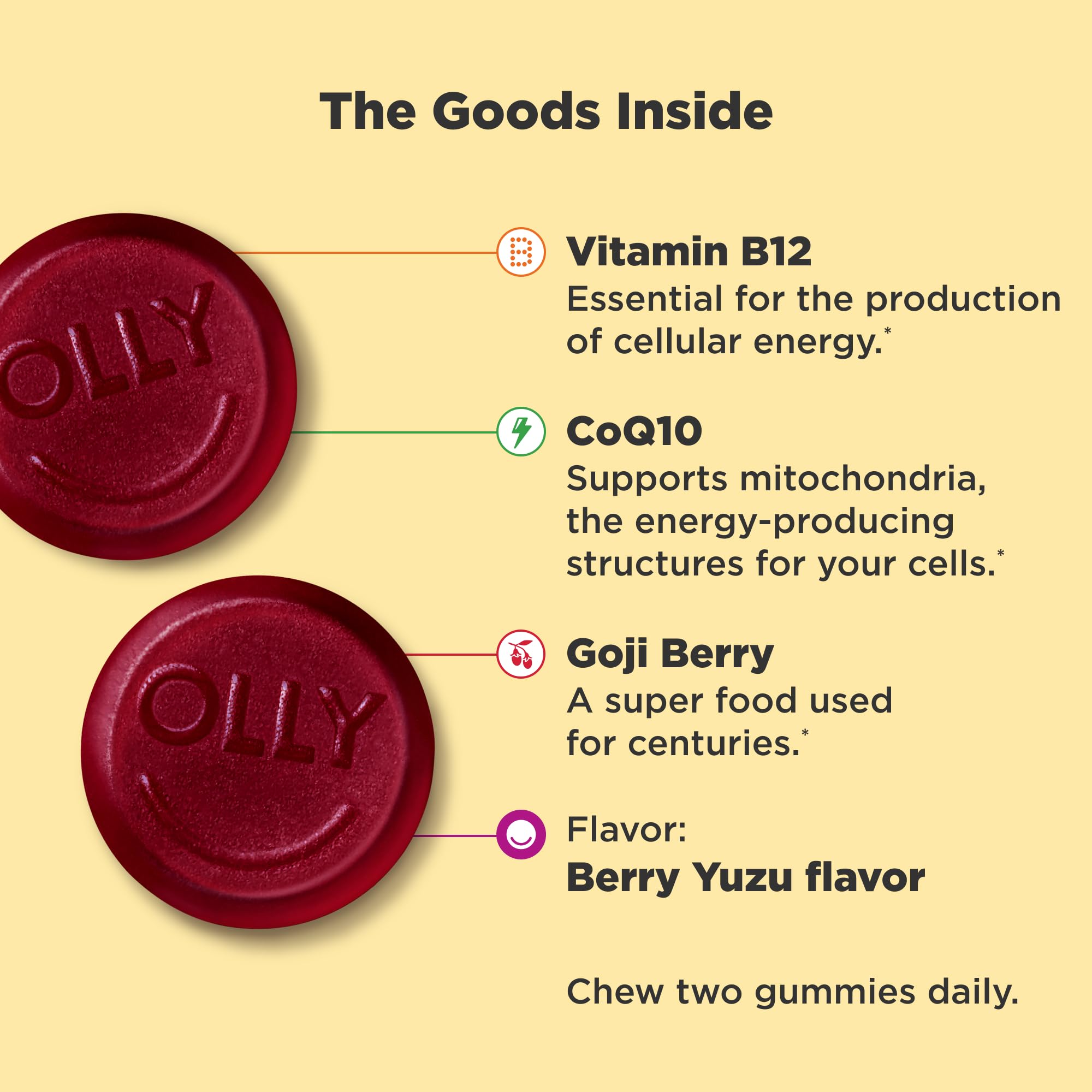 OLLY Extra Strength Daily Energy Gummy, Caffeine Free, 1000mcg Vitamin B12, CoQ10, Goji Berry, Adult Chewable Supplement