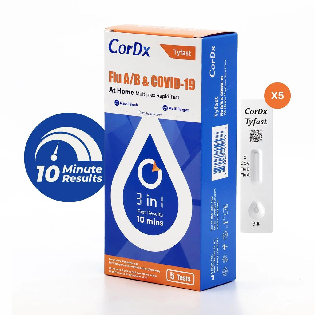 CorDx TyFast at Home Flu A/B & COVID-19 Multiplex Rapid Test Kit, Easy, Accurate, Fast Results in 10 Minutes, 3 in 1 Combo Kit, 5 Tests CorDxBuy Supplements Australia