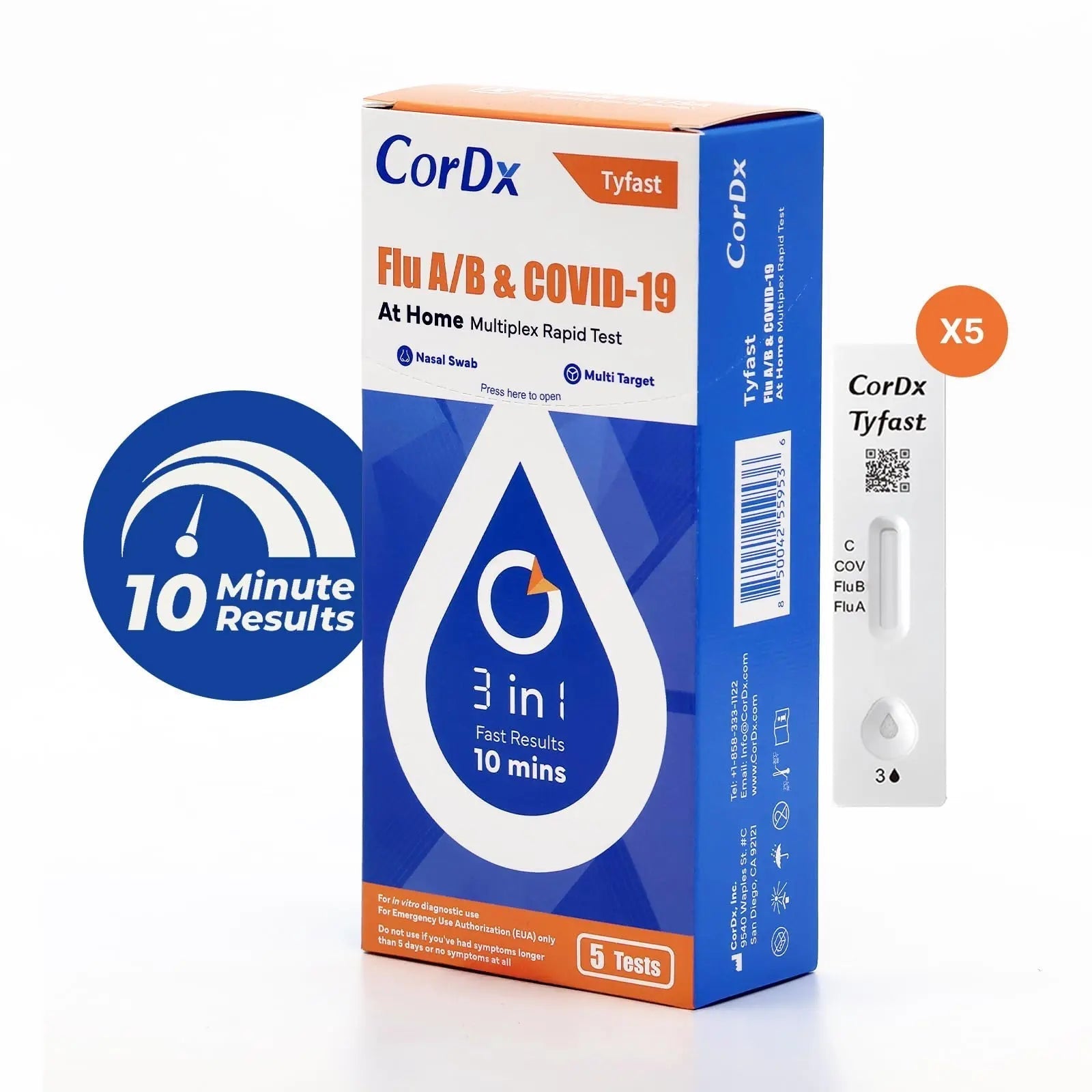 CorDx TyFast at Home Flu A/B & COVID-19 Multiplex Rapid Test Kit, Easy, Accurate, Fast Results in 10 Minutes, 3 in 1 Combo Kit, 5 Tests CorDxBuy Supplements Australia