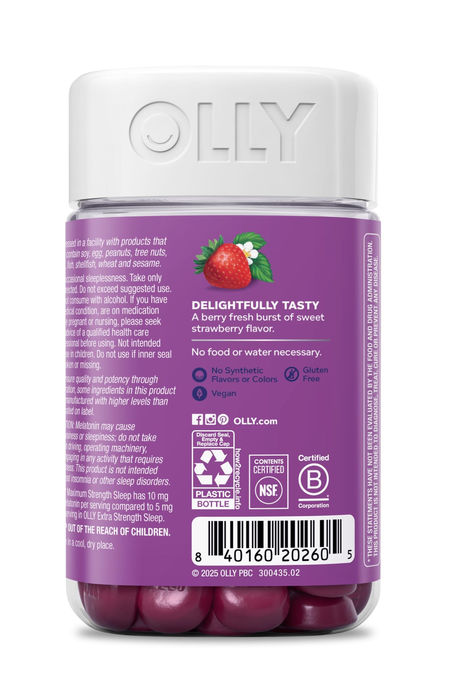 OLLY Max Strength Sleep Gummy, 10mg Melatonin, L-Theanine, Chamomile, Lemon Balm, Sugar Free, Vegetarian Sleep Aid, Strawberry - 70 Count