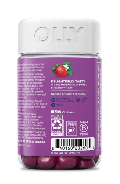 OLLY Max Strength Sleep Gummy, 10mg Melatonin, L-Theanine, Chamomile, Lemon Balm, Sugar Free, Vegetarian Sleep Aid, Strawberry - 70 Count