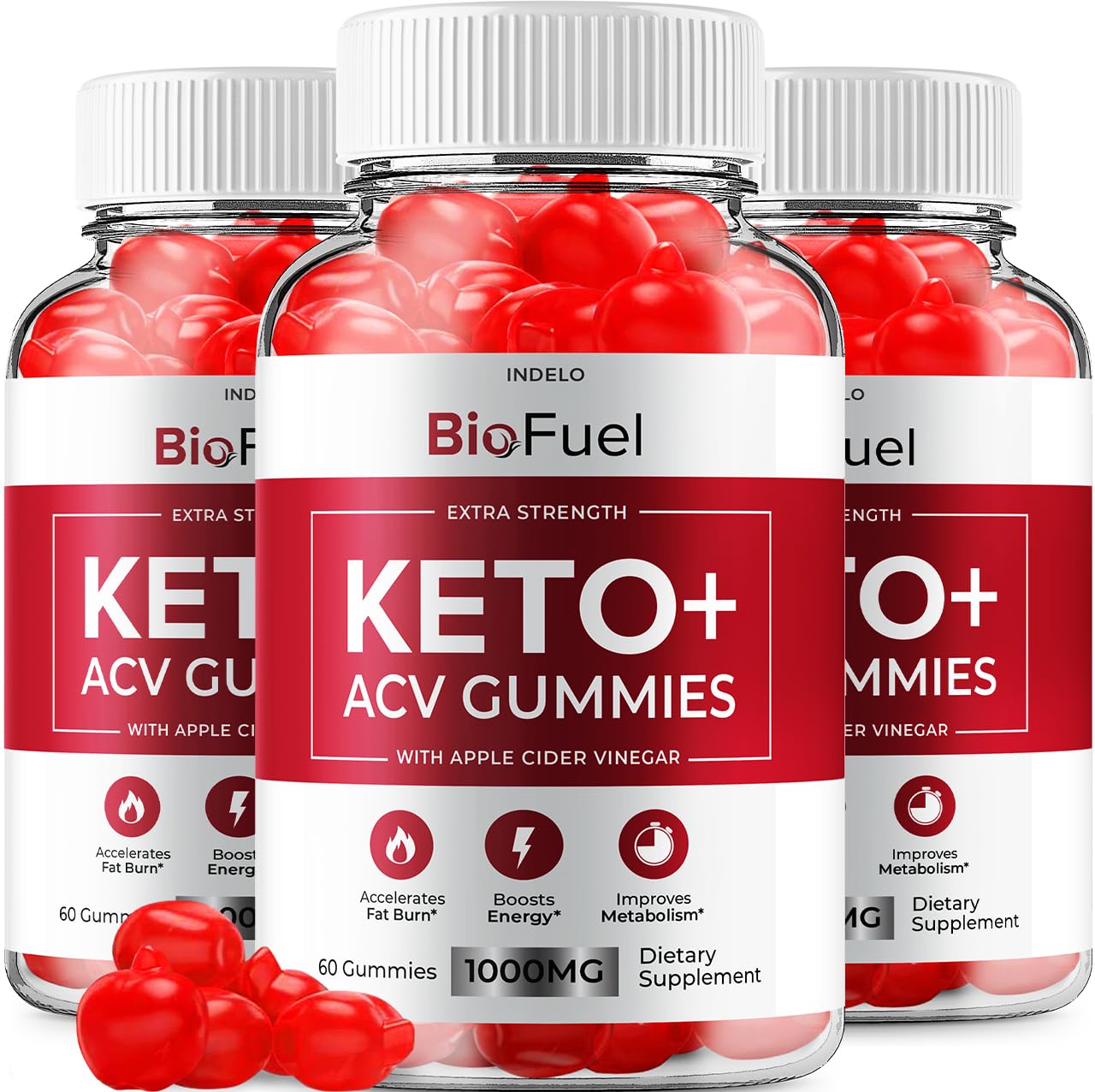 Three bottles of BioFuel Keto+ ACV Gummies on a white background
