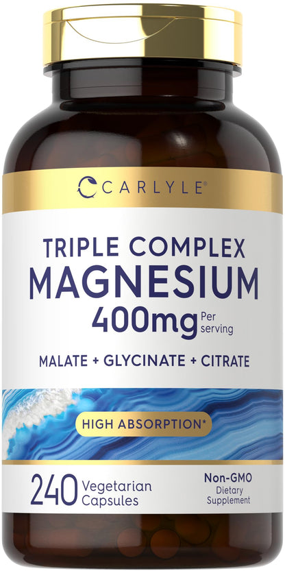 Supplement bottle labeled 'Triple Complex Magnesium 400mg' by Carlyle on a white background.