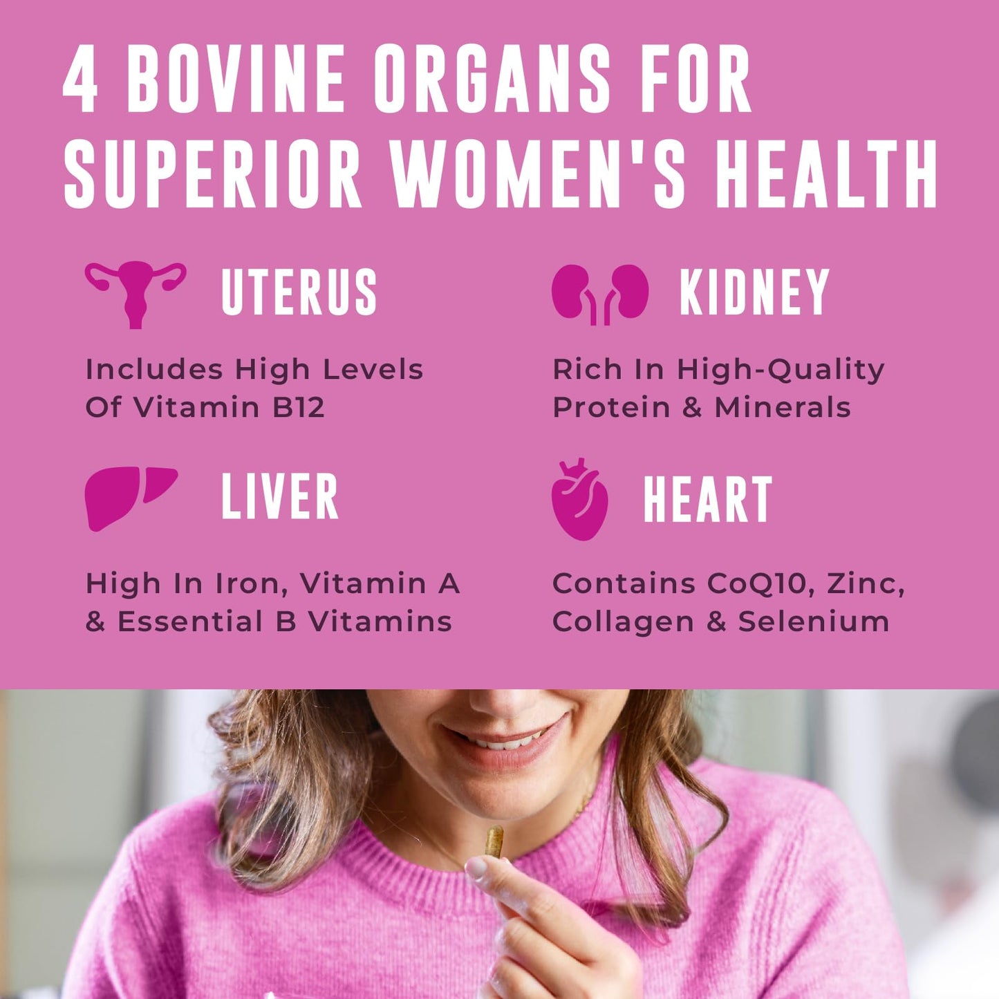 Beef Organ Supplement for Women - Beef Liver, Kidney, Heart and Uterus Tissue, Supports Women's Overall Energy and Health - Pasture Raised in New Zealand