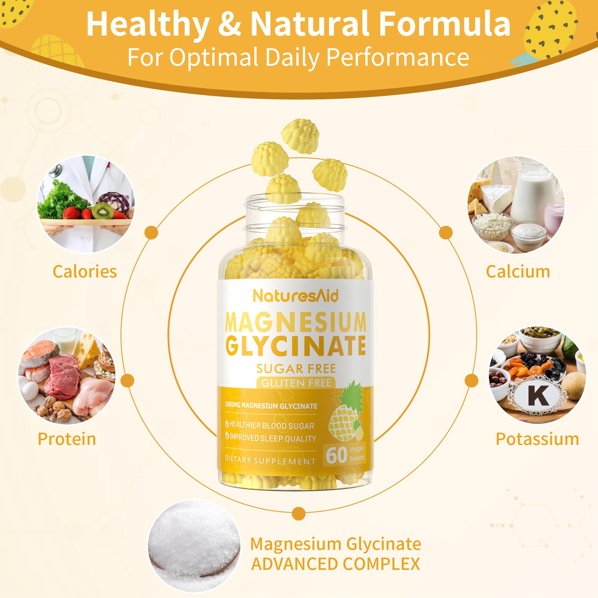 Magnesium Glycinate Gummies 1000mg - Sugar Free Magnesium Potassium Supplement with Vitamin D, B6, CoQ10 for Calm Mood & Sleep Support - 60 Pineapple Gummies -1 Pack Natures AidBuy Supplements Australia