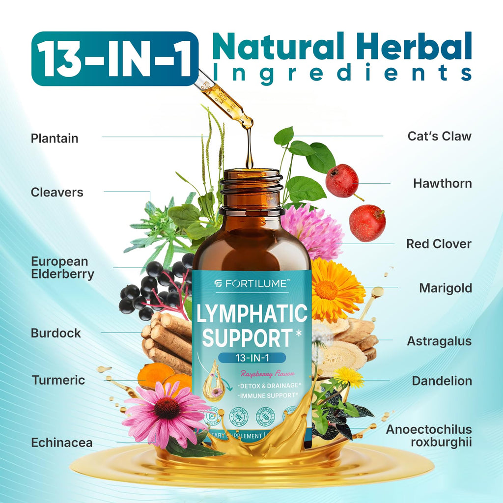 FORTILUME Liposomal Lymphatic Drainage Drops, 13 in 1 Lymphatic Support Drops with Elderberry & Echinacea, Immune & Lymph System Support, Raspberry Flavor, 2 Fl.Oz (30 Servings) FORTILUME buy supplements Au