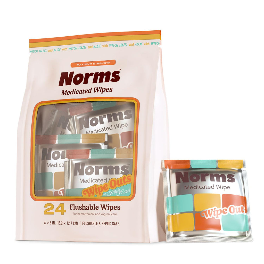 Norms Wipe Outs Hemorrhoid Wipes, 24 Individually Wrapped Witch Hazel Wipes with Aloe to Soothe and Cool Itching, Burning and Irritation, Flushable Septic Safe, Plant Based & Plastic-Free NormsBuy Supplements Australia