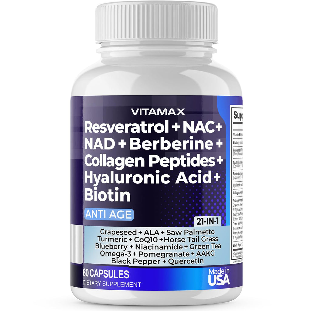 Resveratrol NAD+ Berberine Hyaluronic Acid - Biotin Grape & Blueberry + NAC - Collagen Peptides - Hair, Nail, Skin & Joint Supplement - 21-in-1 Women and Men