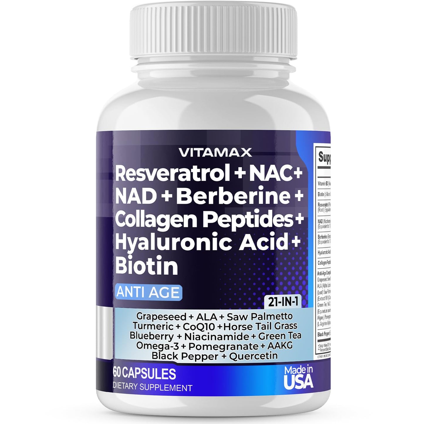 Resveratrol NAD+ Berberine Hyaluronic Acid - Biotin Grape & Blueberry + NAC - Collagen Peptides - Hair, Nail, Skin & Joint Supplement - 21-in-1 Women and Men