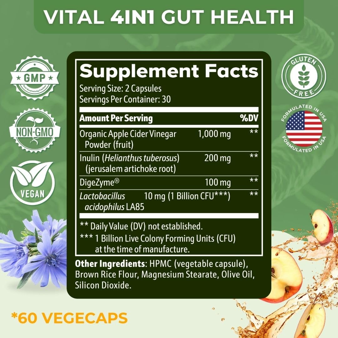 Vital Gut Health 4in1 Formula with Apple Cider Vinegar, Prebiotics & Probiotics, Digestive Enzymes for Strong Immunity Support