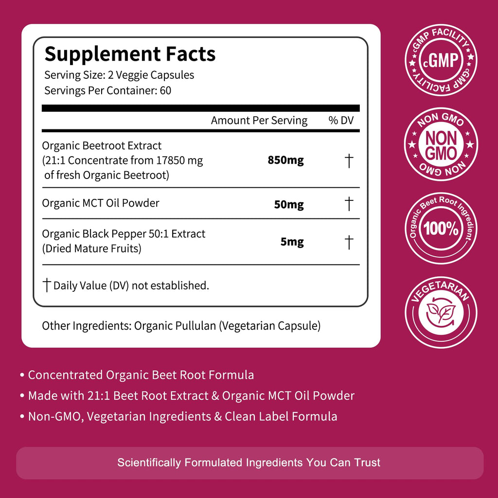 Vitarevive Organic Beet Root Capsules with Beetroot Extract 17850mg 21:1 Concentrated Beetroot Supplement Supports Circulation and Nitric Oxide