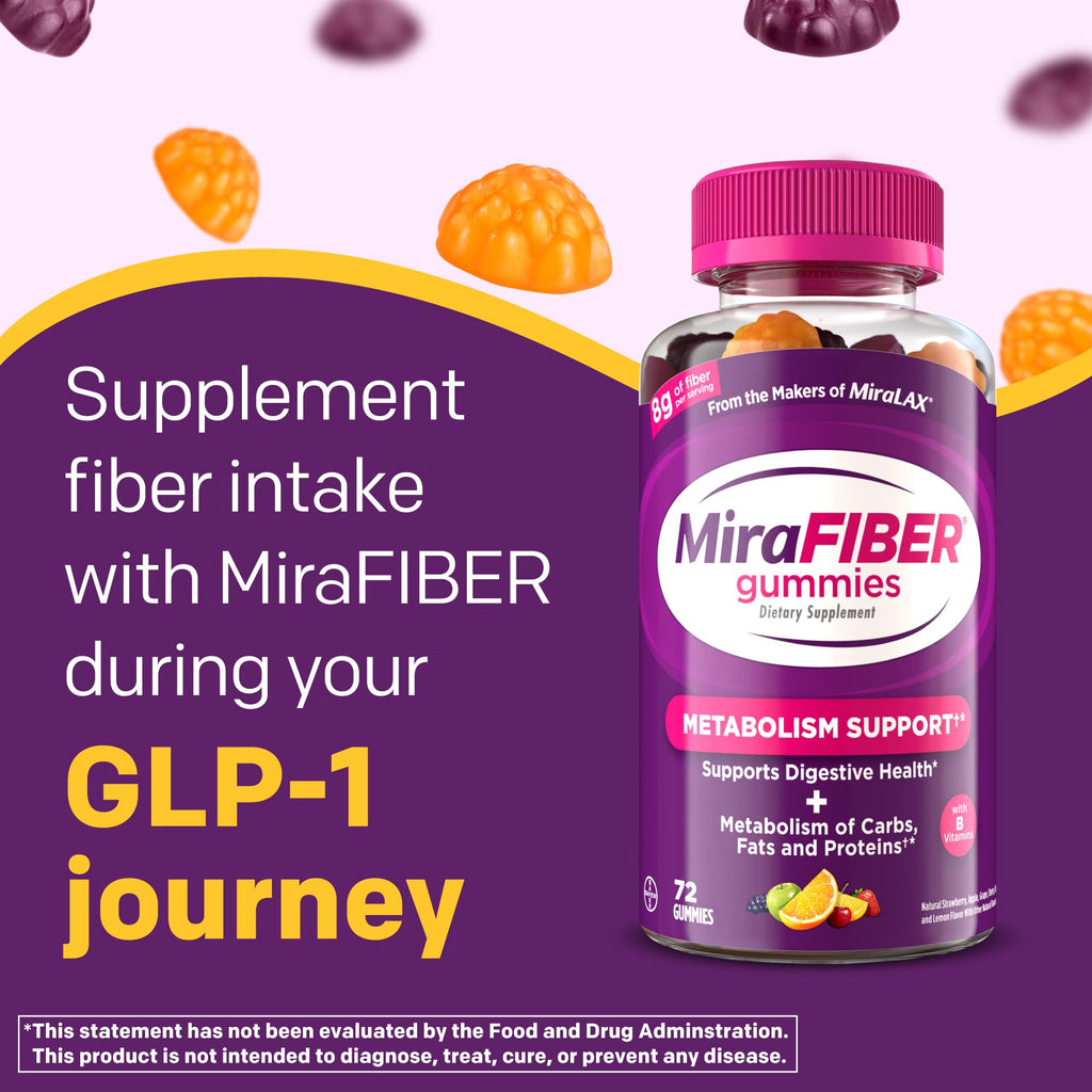 MiraFIBER Gummies from The Makers of MiraLAX, 8g of Daily Fiber Per Serving, Metabolism Support with B Vitamins, Gut Health for Men & Women