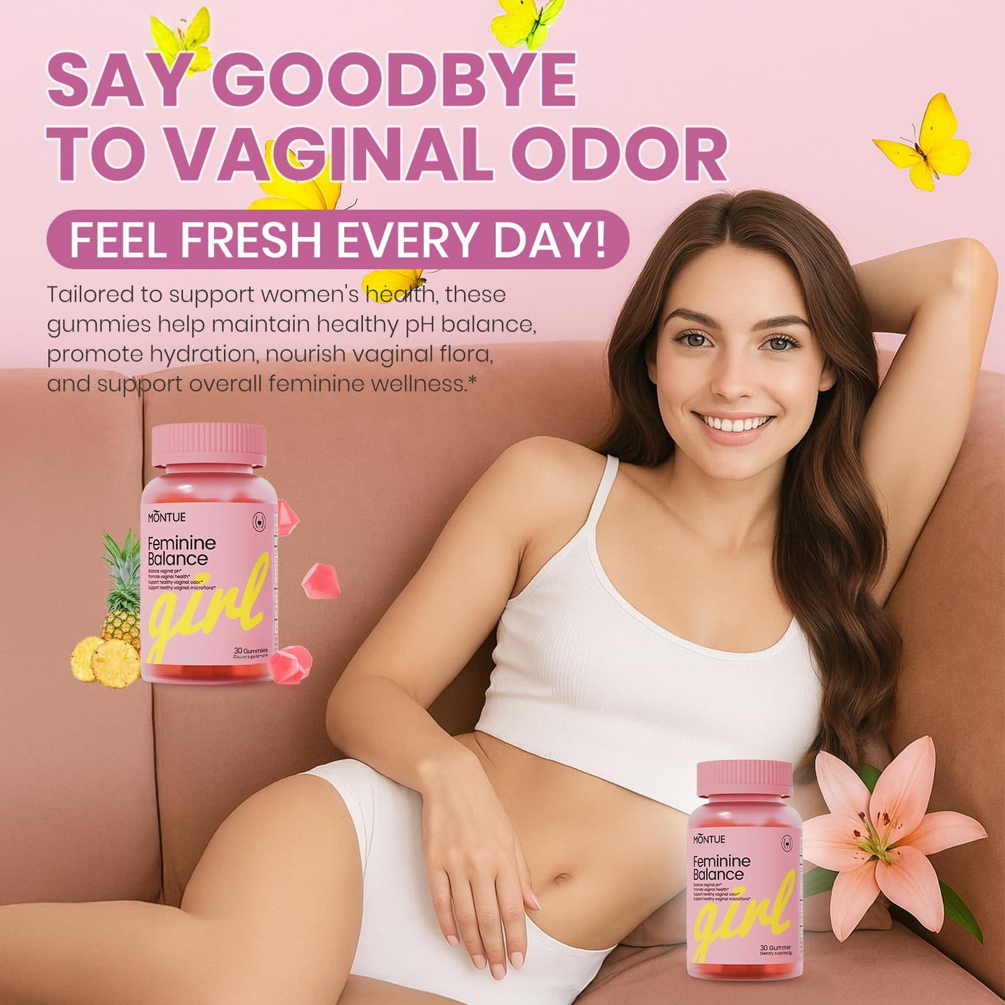 Montue Premium Diamond Feminine Balance Gummies-pH Balance with Prebiotics & Lactobacillus Probiotic Blend&Hawaiian Pineapple Immune Support,Vegan& Non-GMO（30 Gummies） Montue buy supplements Au