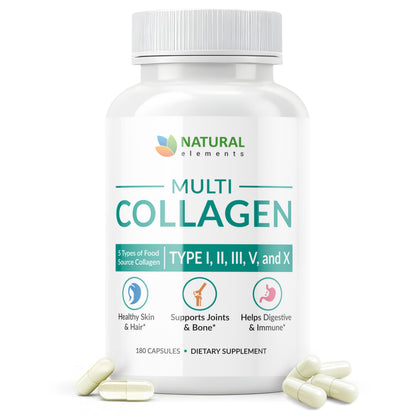 Multi Collagen 180 Protein Capsules - Type I, II, III, V, X Collagen Pills - Proprietary Blend of Eggshell, Chicken, Wild Fish & Grass-Fed