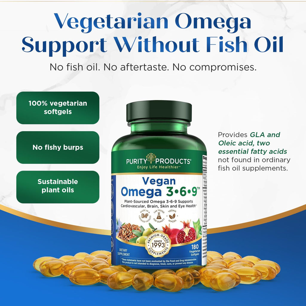 Purity Products Vegan Omega 3 6 9 Formula - “5 in 1” Essential Fatty Acid Complex - Scientifically Formulated Plant-Based Vegan Omega 3-6-9 Essential Fatty Acids