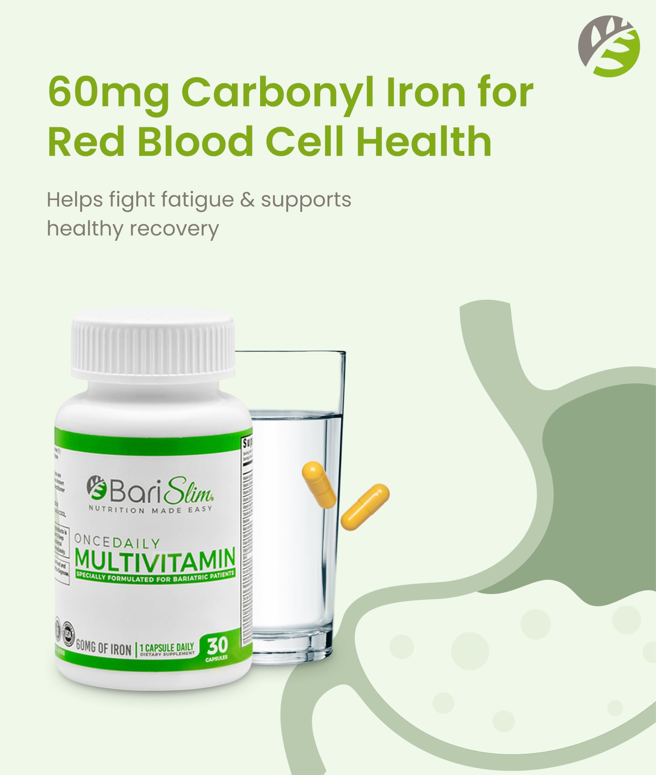 BariSlim Once Daily Bariatric Multivitamin Capsule - 60mg of Iron - Bariatric Vitamin & Supplement for Post Surgery Including Gastric Bypass & Gastric Sleeve | 30 Day Supply BariSlim buy supplements Au