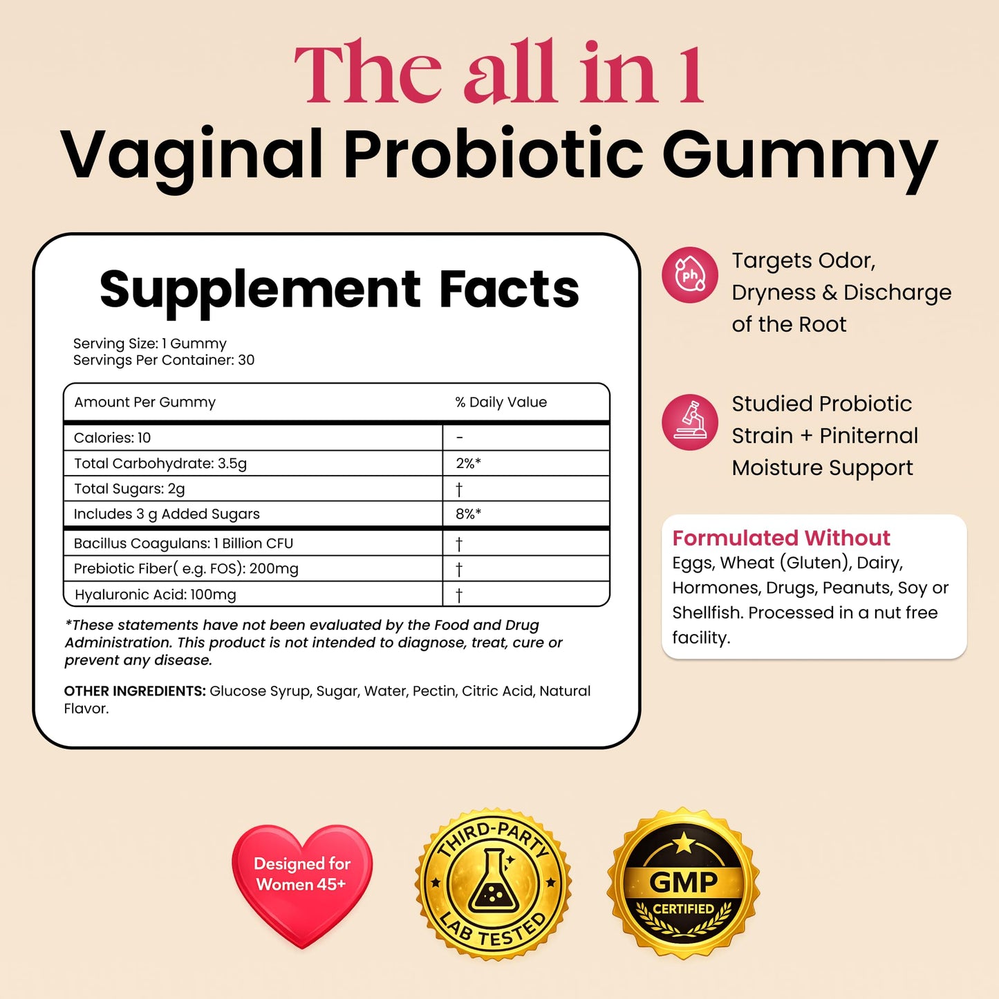 ALLFEMME Flora+ Women’s Vaginal Probiotic Gummies for pH Balance, Odor and Freshness Support with Prebiotics & Hyaluronic Acid