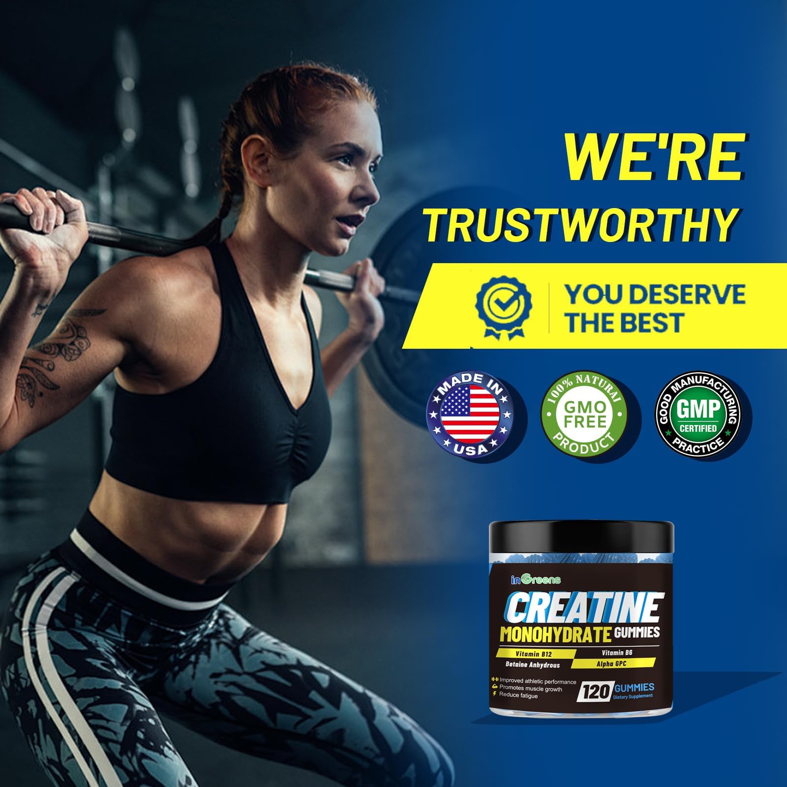 inGreens Creatine Monohydrate Gummies 6g per Serving, Sugar Free Creatine Supplements for Men & Women, Chewable Creatine for Muscle Growth, Strength, Energy