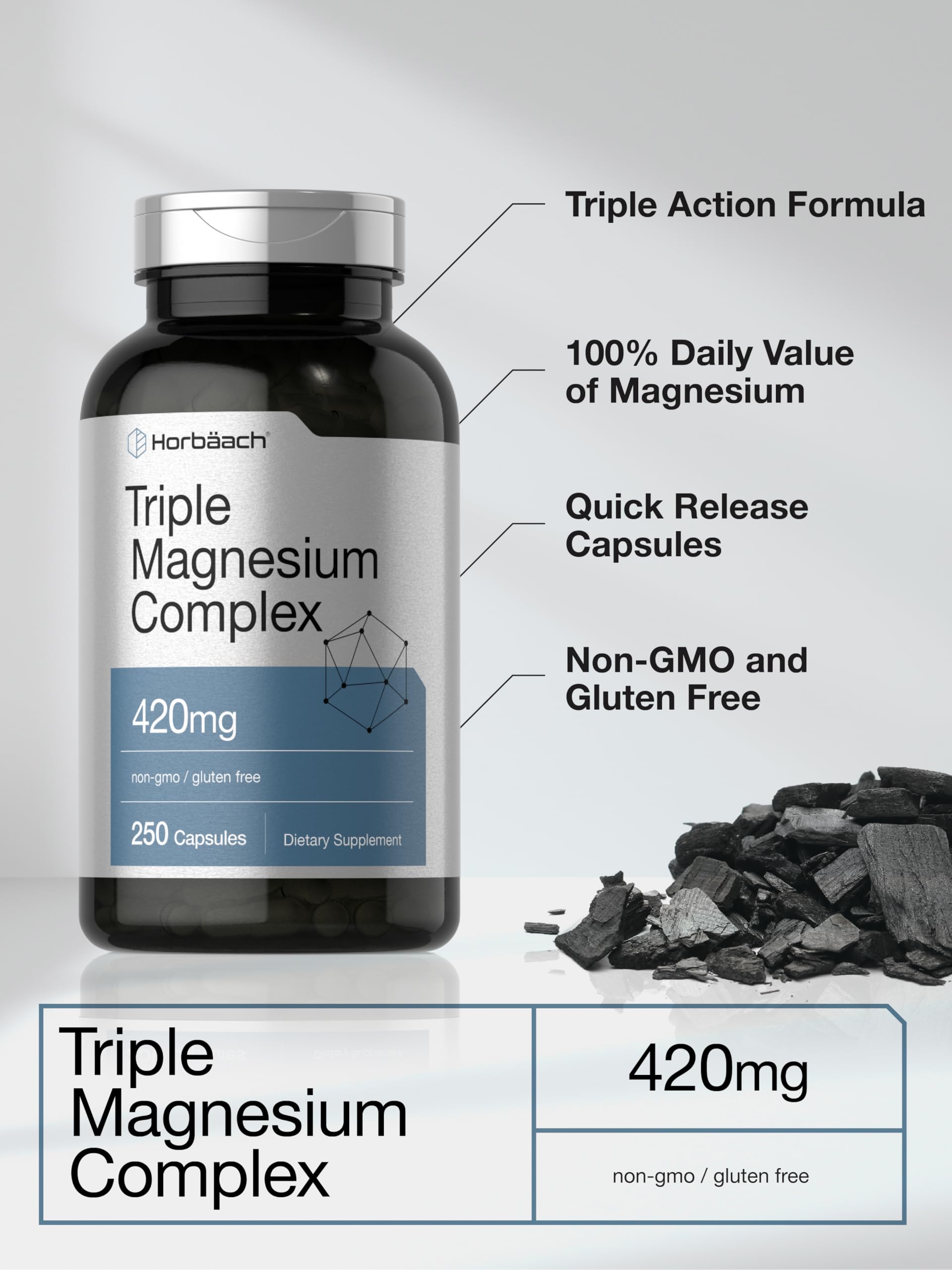 Horbäach Triple Magnesium Complex | 420 mg | 250 Capsules | Non-GMO and Gluten Free Formula | Magnesium Oxide, Citrate, and Aspartate Dietary Supplement Horbäach buy supplements Au