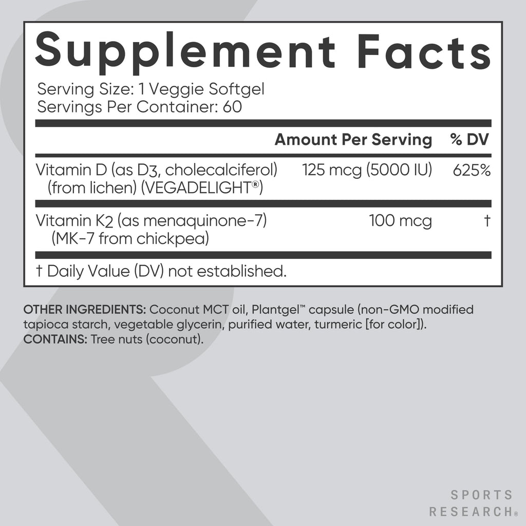 Sports Research® Vitamin D3 + K2 w/ Coconut Oil - Vegan Vitamin D 5000iu & Mk7 Vitamin K 100mcg for Bone & Immune Support - Vegan Certified · Non-GMO · Soy Free - 60 Softgels Sports Research buy supplements Au