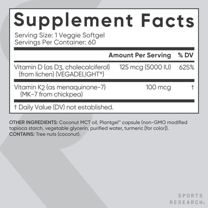 Sports Research® Vitamin D3 + K2 w/ Coconut Oil - Vegan Vitamin D 5000iu & Mk7 Vitamin K 100mcg for Bone & Immune Support - Vegan Certified · Non-GMO · Soy Free - 60 Softgels Sports Research buy supplements Au