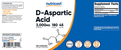 Nutricost D-Aspartic Acid (DAA) Capsules 3000mg Per Serving (180 Capsules) - Non-GMO