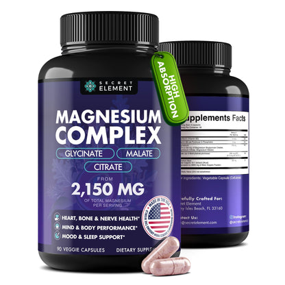 Two bottles of Secret Element Magnesium Complex supplement on a white background