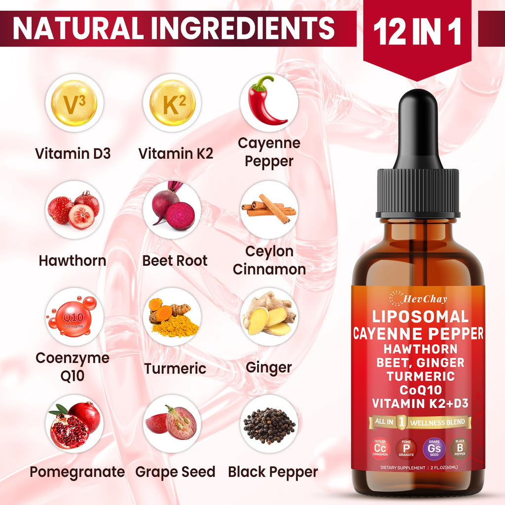 Cayenne Pepper Drops Liposomal Supplement Liquid + Hawthorn Berry, Vitamin D3 K2 Beet Root Powder, Ceylon Cinnamon, CoQ10, Turmeric Curcumin, Cayenne Pepper Extract - 2oz HevChay buy supplements Au