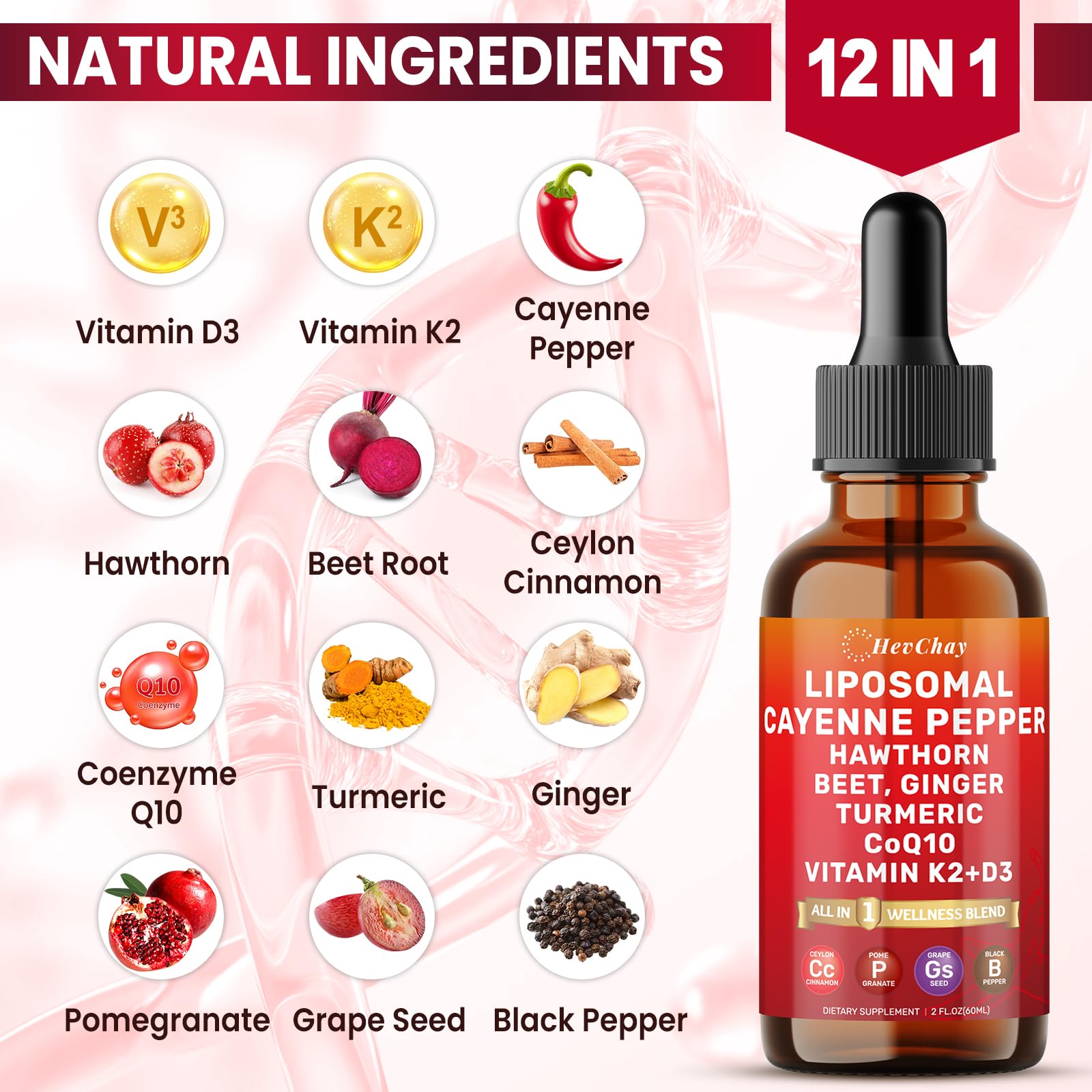 Cayenne Pepper Drops Liposomal Supplement Liquid + Hawthorn Berry, Vitamin D3 K2 Beet Root Powder, Ceylon Cinnamon, CoQ10, Turmeric Curcumin, Cayenne Pepper Extract - 2oz HevChay buy supplements Au