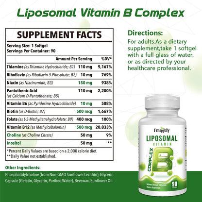 Liposomal B Complex for High Absorption Methylated B12,L-Methyfolate(5-MTHF ),Full Active B Vitamins with Choline Inositol-Energy, Metabolism,Brain & Heart Support