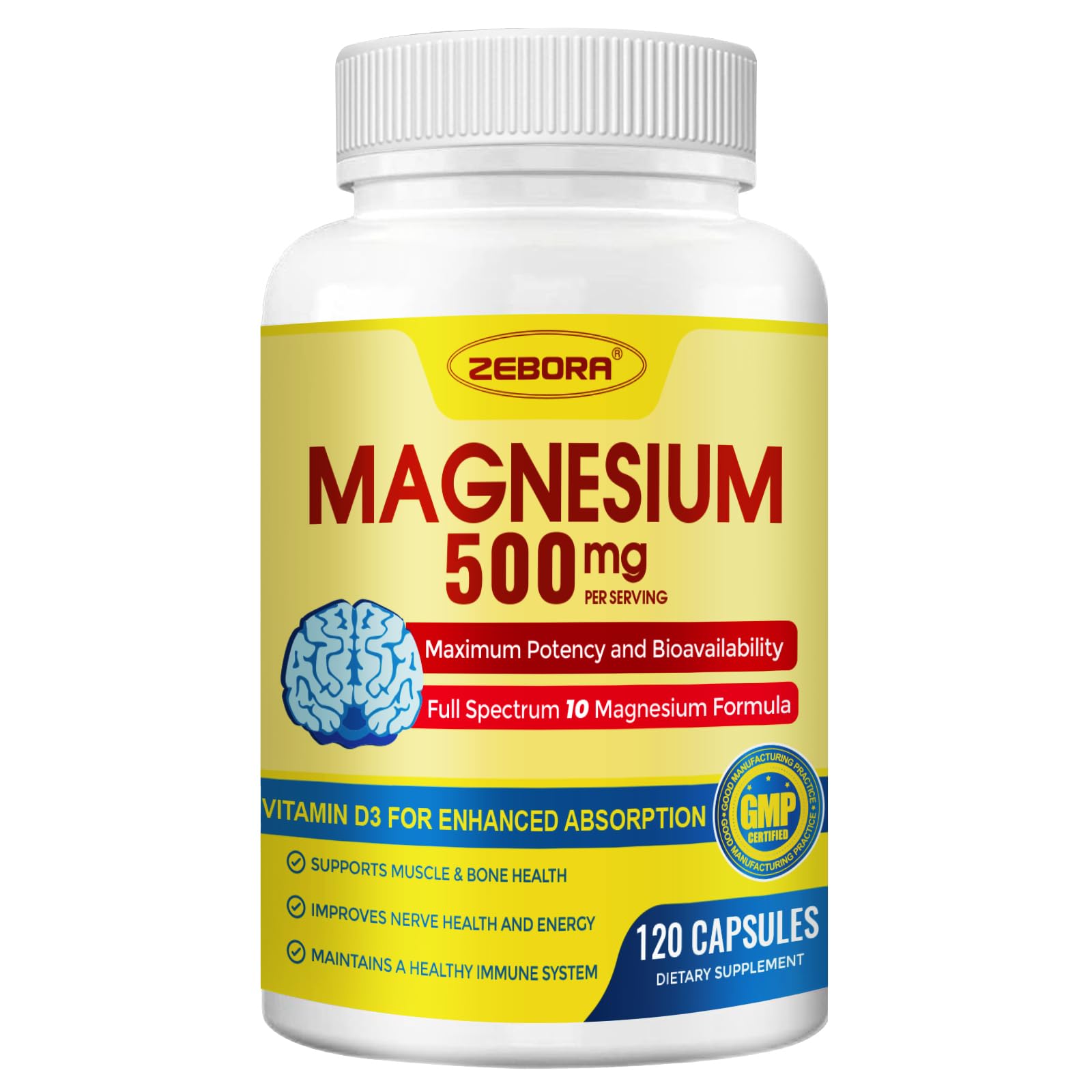Zebora Magnesium supplement bottle with yellow label on a white background