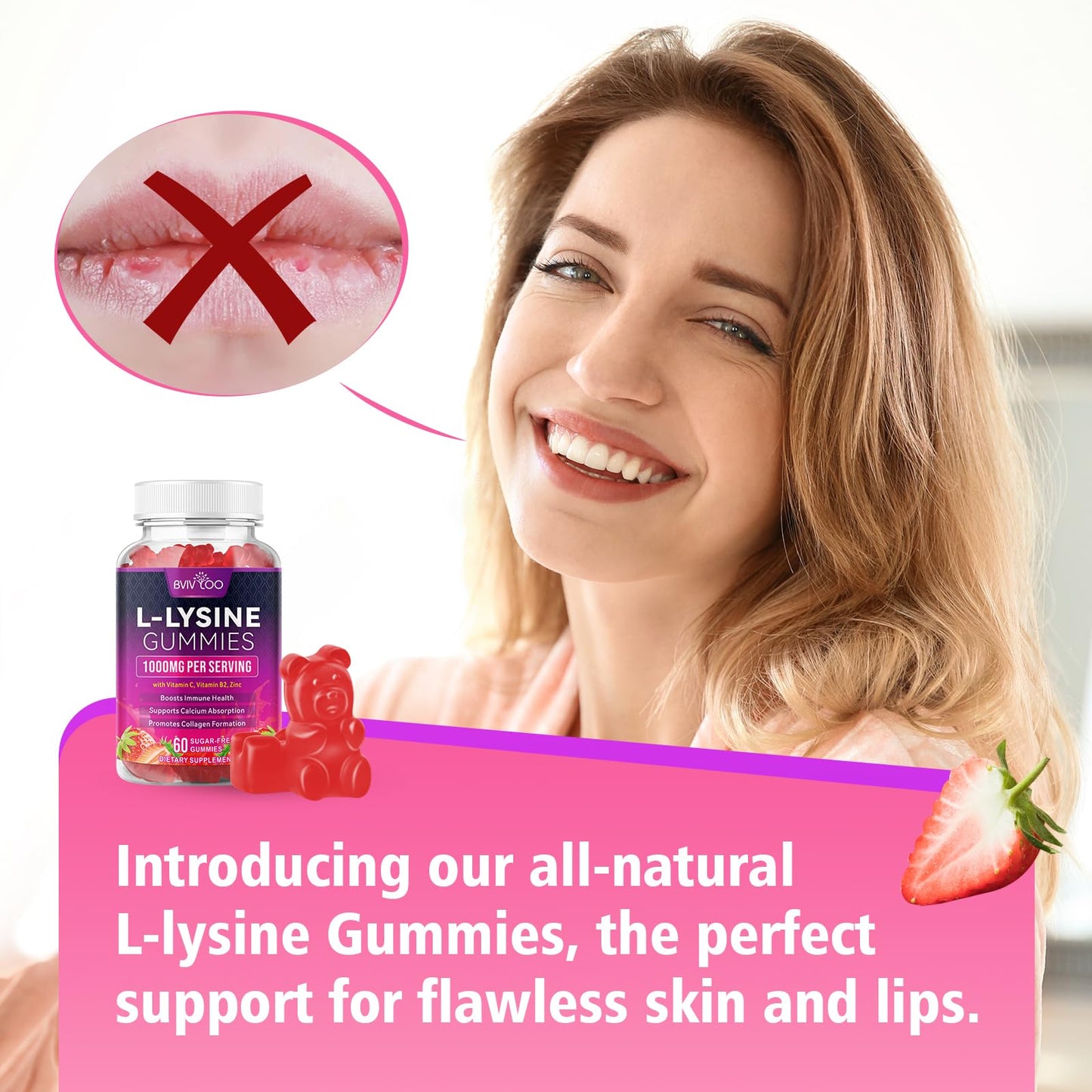 BVIVLOO L-Lysine 1000mg Gummies for Immune Support & Skin Health - High Potency Vegan Gummies, Sugar-Free, Natural Berry Flavor, Gluten-Free Chewable Supplement