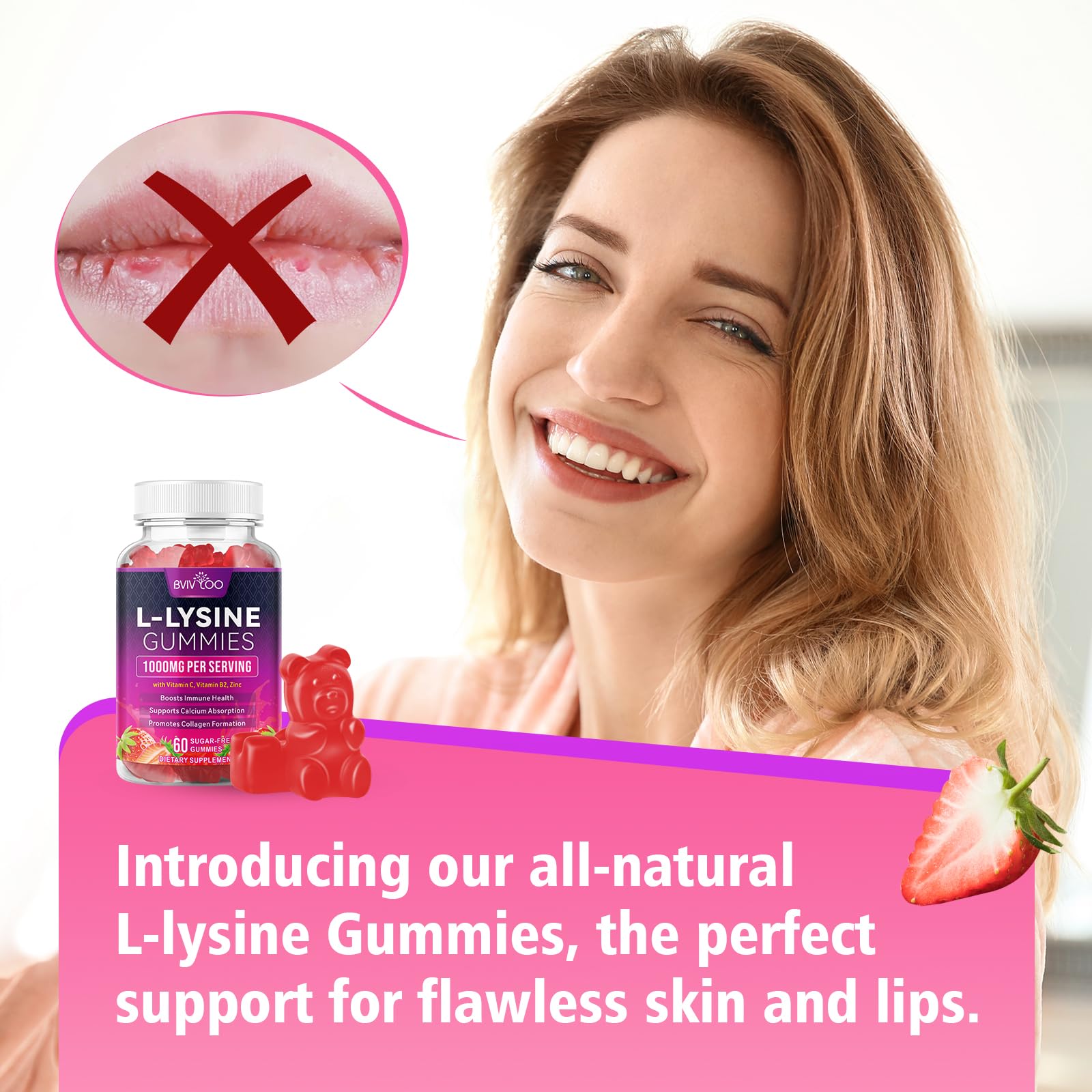 BVIVLOO L-Lysine 1000mg Gummies for Immune Support & Skin Health - High Potency Vegan Gummies, Sugar-Free, Natural Berry Flavor, Gluten-Free Chewable Supplement