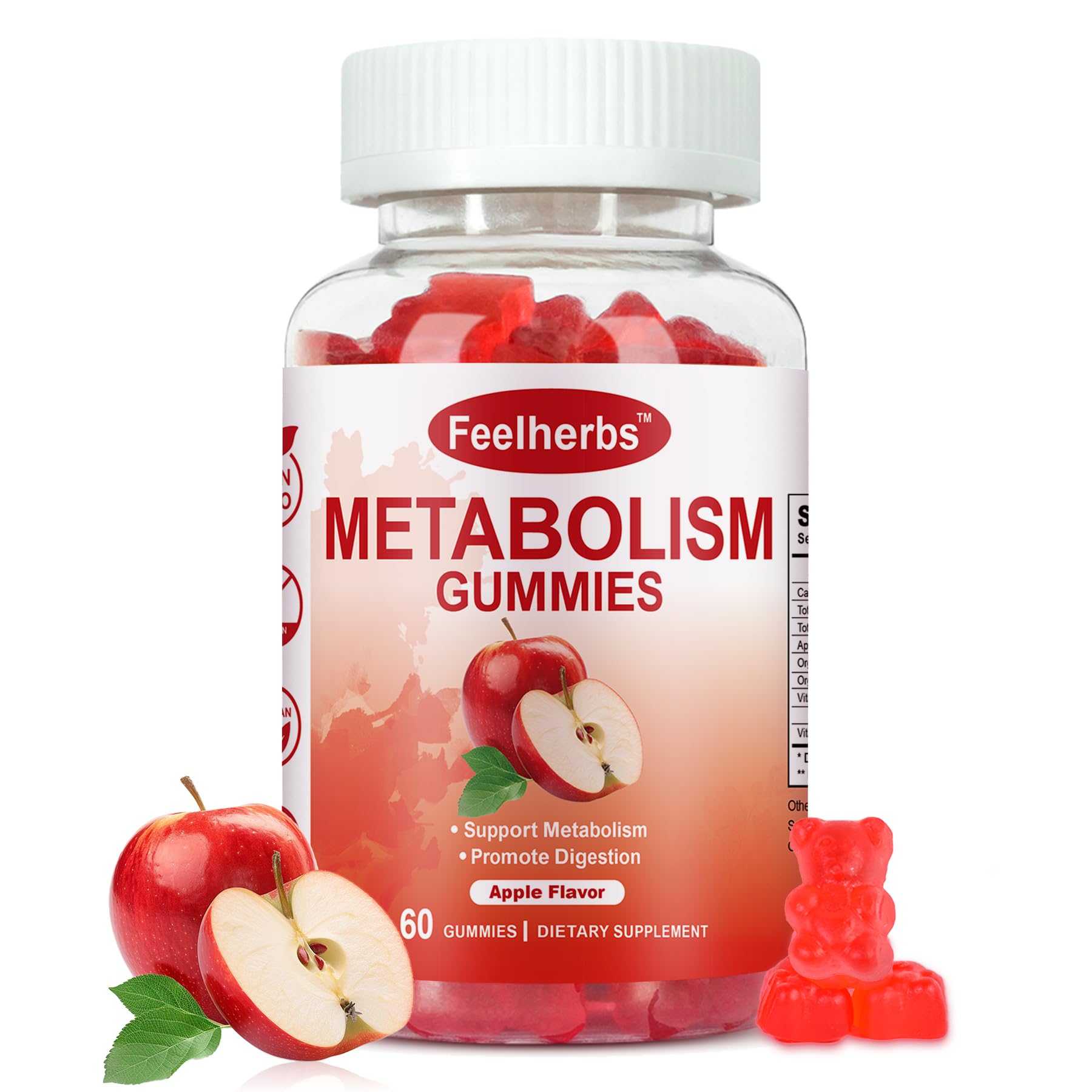 Bottle of Feelherbs Metabolism Gummies with apples and gummy bears on a white background