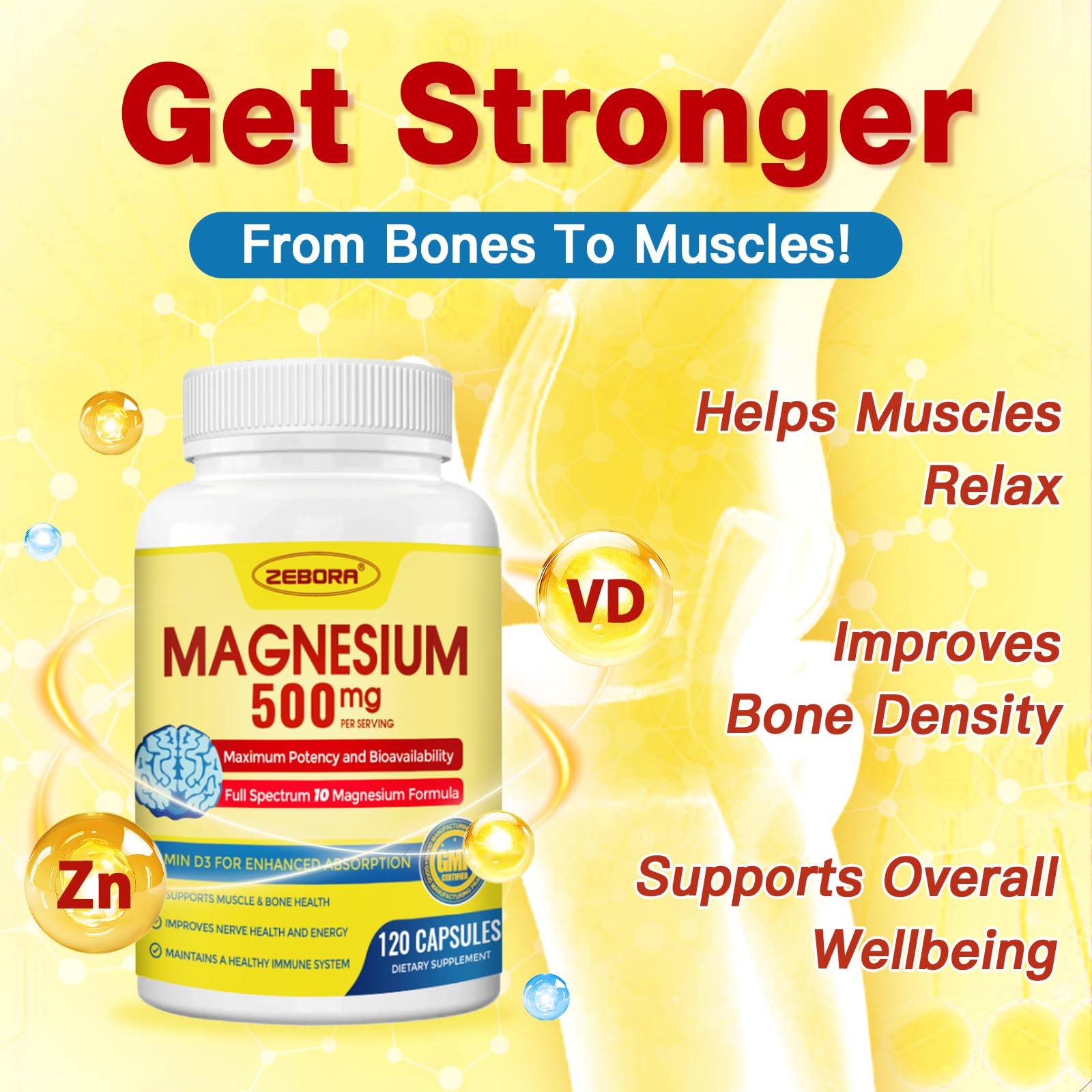 10-in-1 Magnesium Complex Supplement, Magnesium Glycinate 500mg with Citrate & Malate, Chelated High Absorption Plus Vitamin D3 & Zinc - for Nerve, Muscle & Bone Support - 120 Capsules ZEBORA buy supplements Au