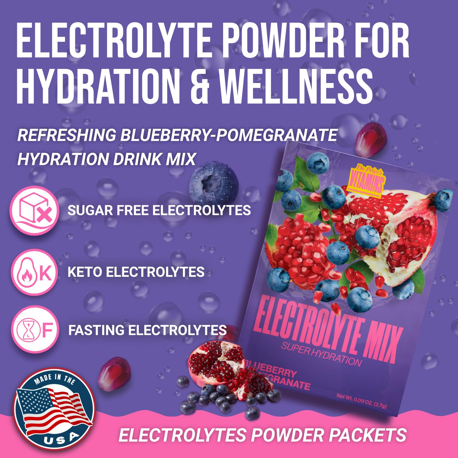 Dr. Price’s Electrolytes Hydration Powder Packets – Blueberry Pomegranate, 30 Packs | Sugar Free Electrolyte Drink Mix, 72+ Trace Minerals, Manganese