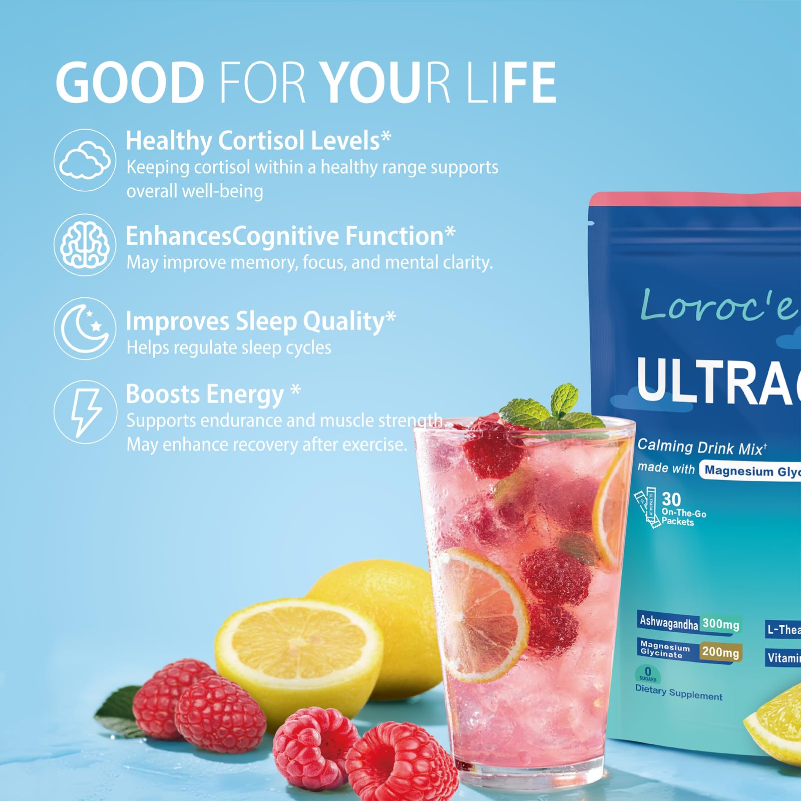 UltraCalm Super Cortisol Drink with Magnesium Glycinate, Ashwagandha, L-Theanine, Vitamin D3, Magnesium Powder for Sleep & Stress Relief