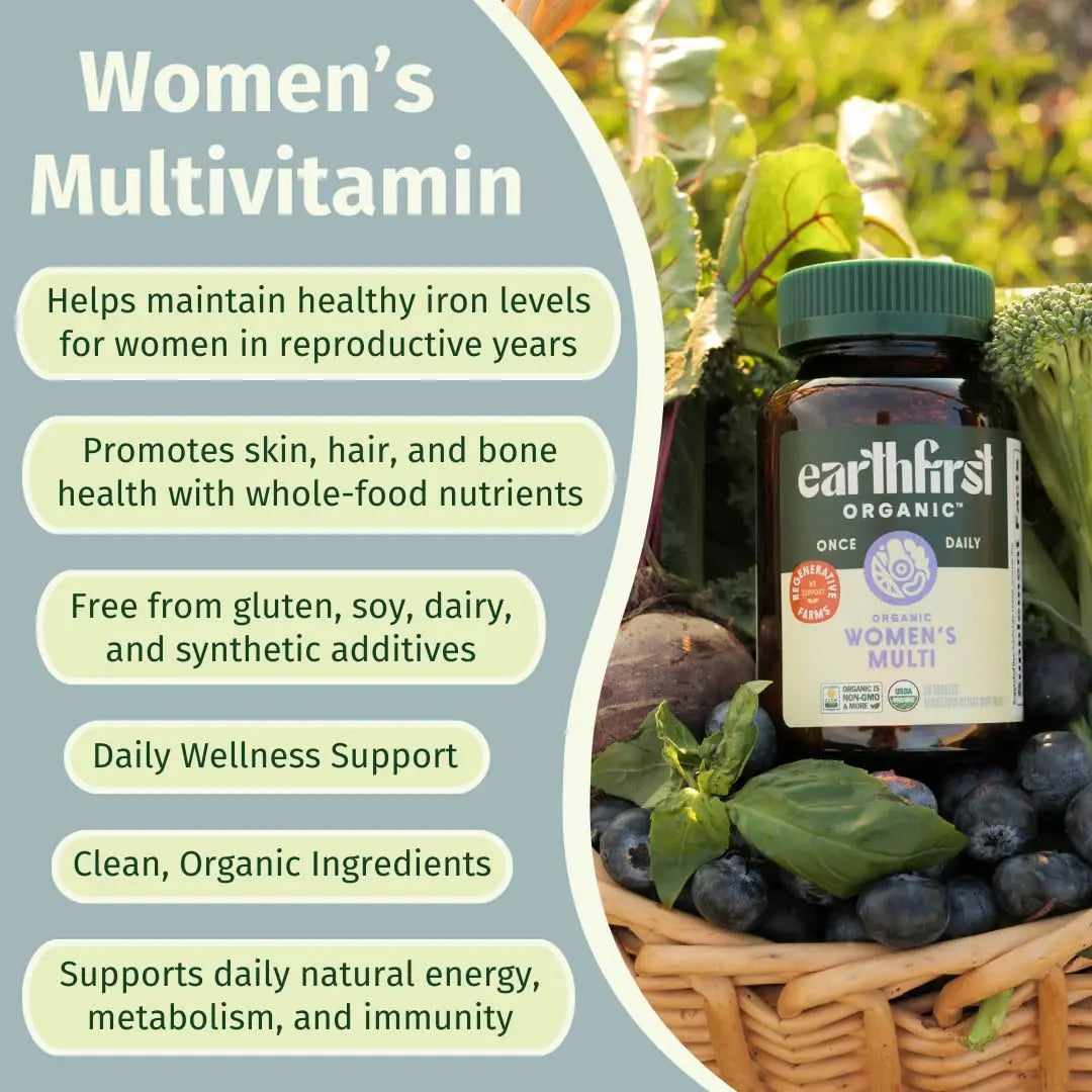 EarthFirst Organic Women’s Multi Once Daily, Women's Multivitamin, Iron, Vitamin B12 & More, 19 Vitamins from Herbs & Superfoods, 30 Count EarthFirst Organic