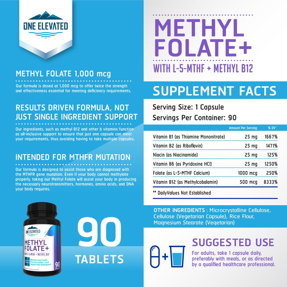 Double Strength & Most Bioactive Methyl Folate! Uniquely Formulated with Highest Pharmaceutical Grade Methylcobalamin (B12), Niacin, B1, B2 B6. Works Synergistically for Max Results-3 Month Supply One ElevatedBuy Supplements Australia