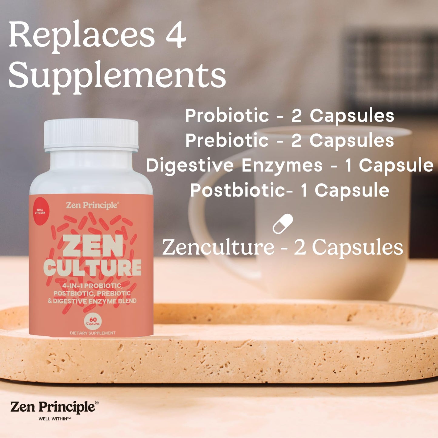 Zen Principle Zenculture™ – 4-in-1 Synbiotic Supplement (Probiotic + Prebiotic + Postbiotic + Digestive Enzymes) with CoreBiome®. Anti Bloating