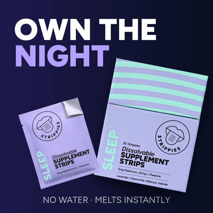 STRIPPIES Dissolvable Sleep Strips – Fast-Acting Melatonin 5mg with L-Theanine, Lavender, Chamomile, Hibiscus & Valerian – Natural Cranberry Flavor – 90 Strips STRIPPIES buy supplements Au