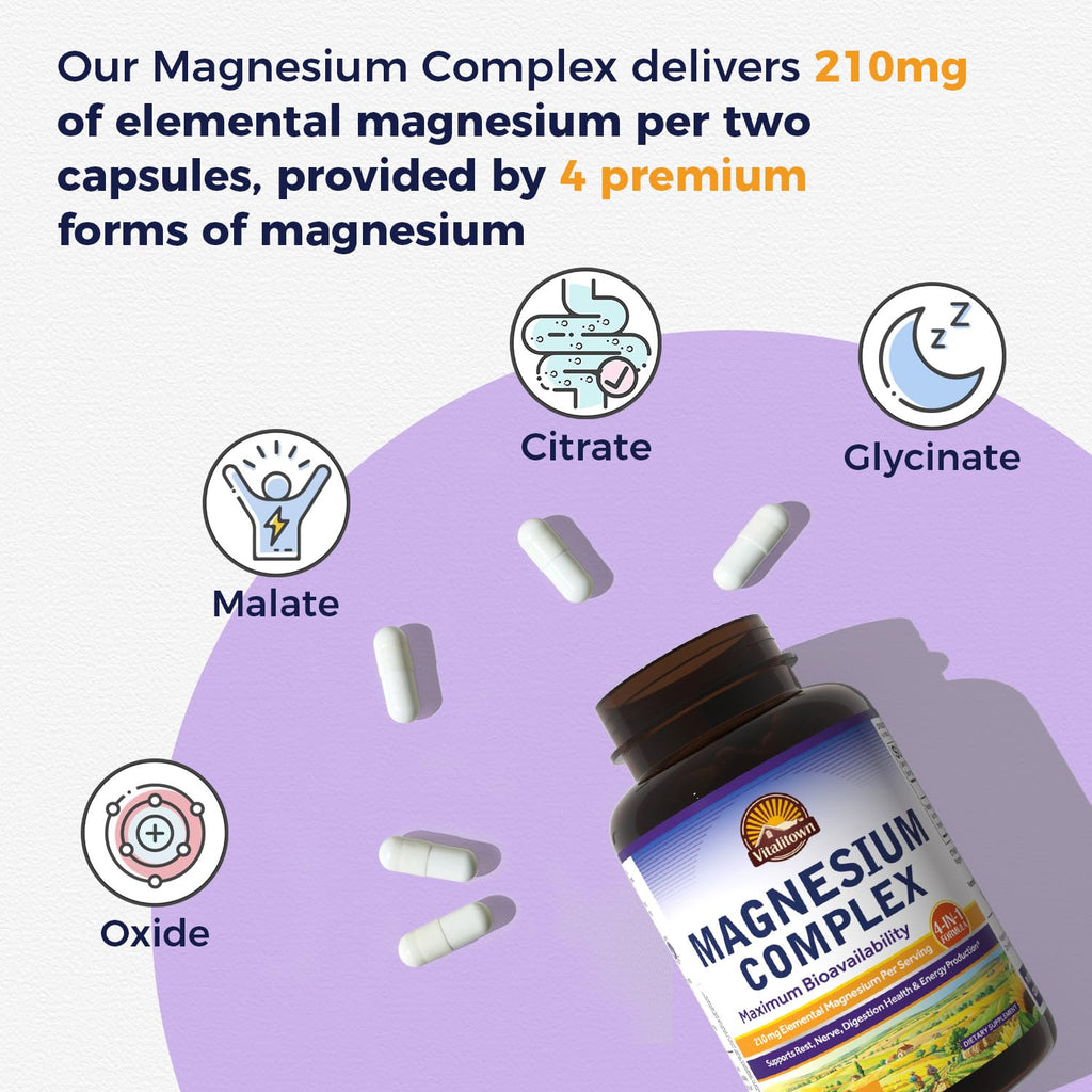 Vitalitown Magnesium Complex | Chelated Easily Absorbed Magnesium Glycinate Citrate Malate | Buffered | 210mg Elemental Mag | Sleep, Nerve, Digestion, Energy | Non-GMO 240 Veg Caps Vitalitown buy supplements Au