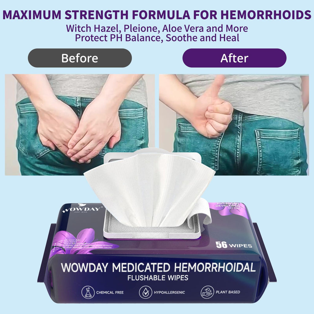 Wowday Flushable Hemorrhoid Wipes | Maximum Strength Witch Hazel Wipes | 56 Count Fragrance Free Adult Hemorrhoids Medicated Witch Hazels Wipe for Butt Hemorrhoidal Itch WowDayBuy Supplements Australia