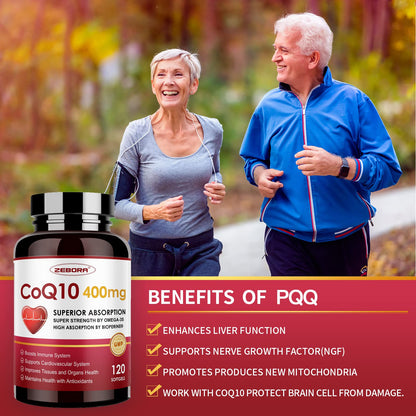 ZEBORA CoQ10-400mg-Softgels with PQQ, BioPerine & Omega-3, Coenzyme Q10(Ubiquinone) Supplement for High-Absorption, Powerful-Antioxidant